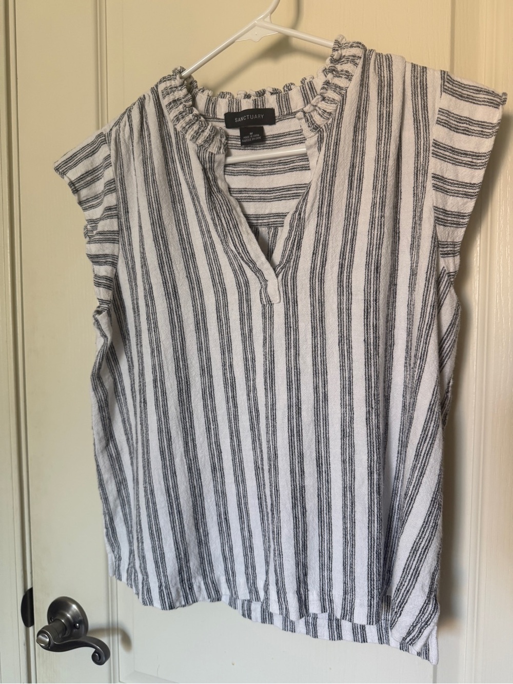 Sanctuary White and Black Vertical Stripe Ruffle Neck Sleeveless Tunic